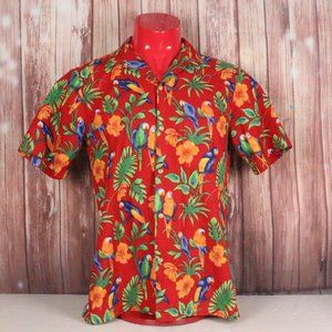 Vintage RJC Mens Medium Red Hawaiian Shirt Parrots Palm Trees VTG